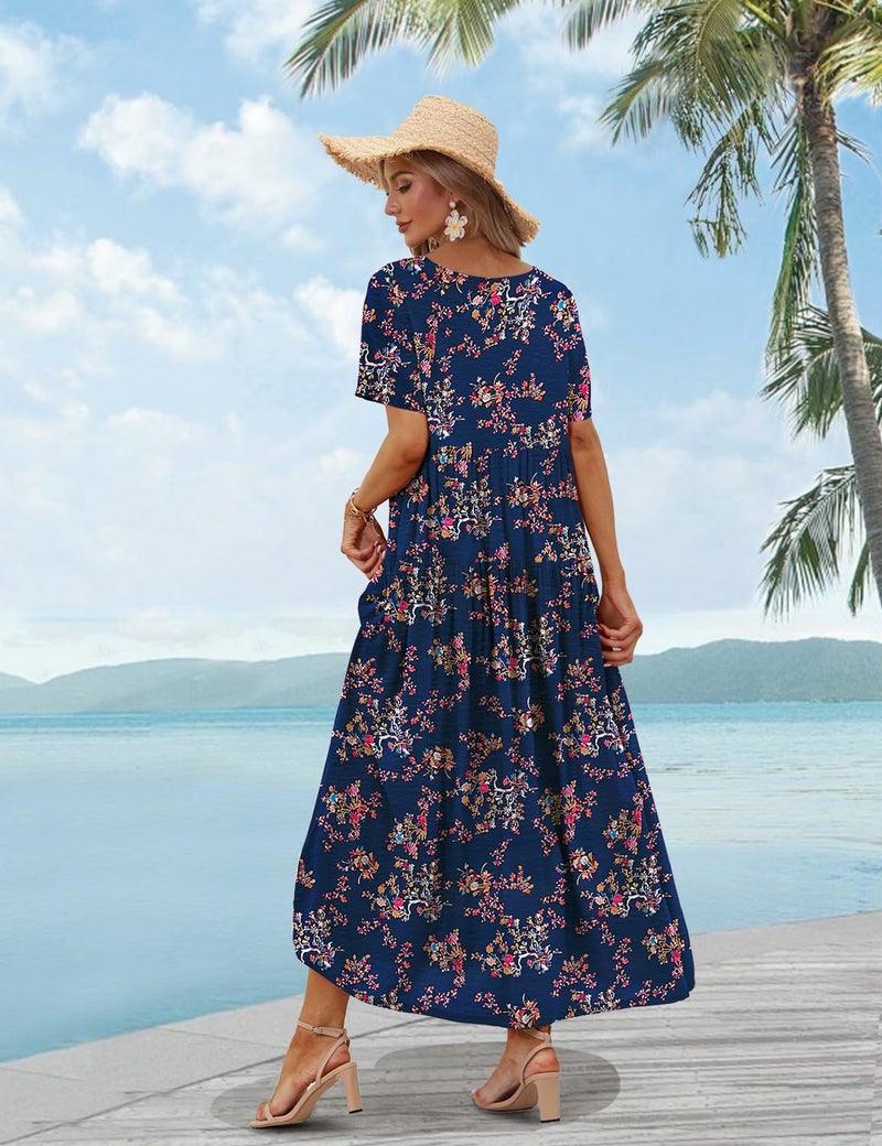 YESNO Women Casual Loose Bohemian Floral Dress with Pockets Short Sleeve Long Maxi Summer Beach Swing Dress (M EJF CR30) Blue - Image 4